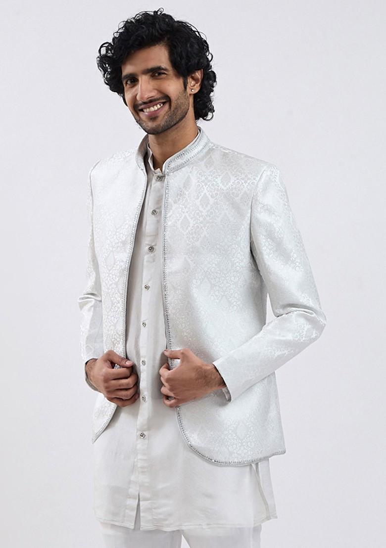 Silver Solid Jacquard Blazers For Men