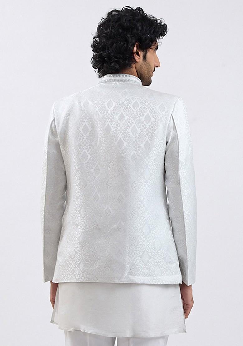 Silver Solid Jacquard Blazers For Men