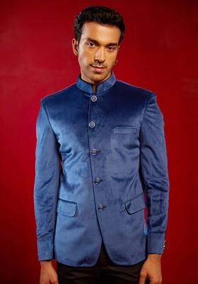 Blue Solid Poly Blend Blazers For Men
