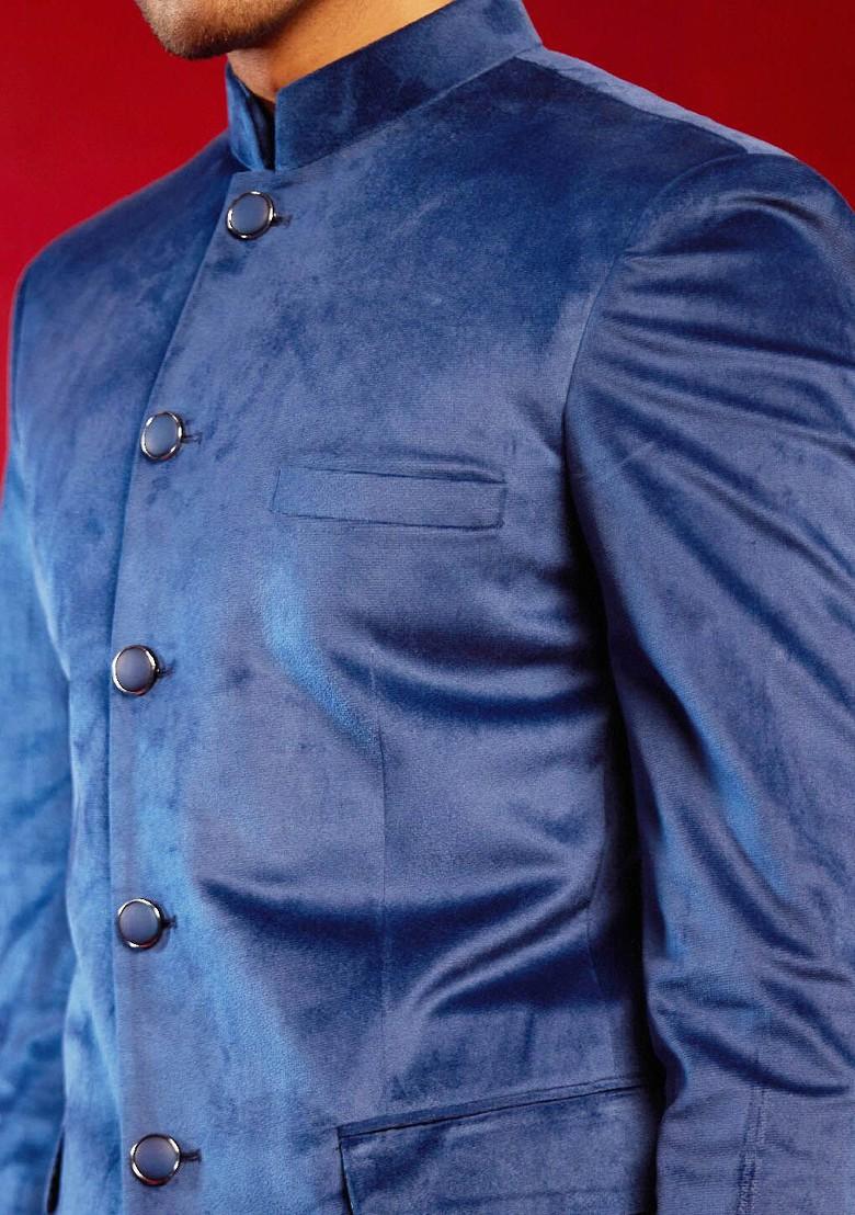 Blue Solid Poly Blend Blazers For Men