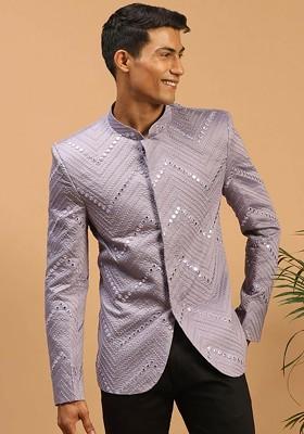 Purple Embroidered Poly Blend Blazers For Men