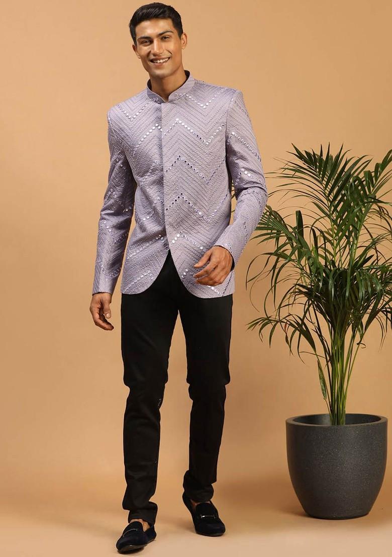 Purple Embroidered Poly Blend Blazers For Men