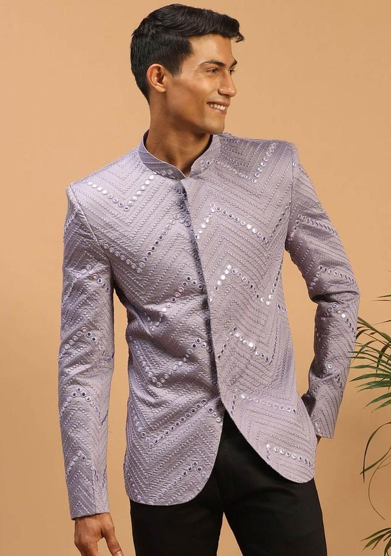 Purple Embroidered Poly Blend Blazers For Men