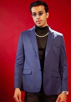 Blue Solid Poly Blend Blazers For Men