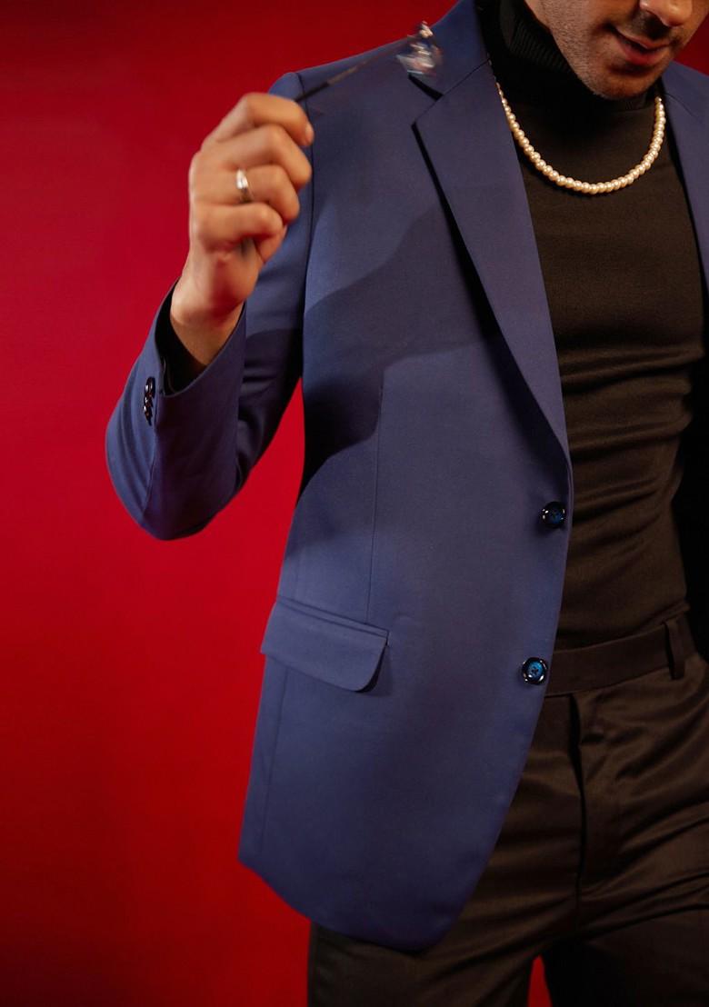 Blue Solid Poly Blend Blazers For Men