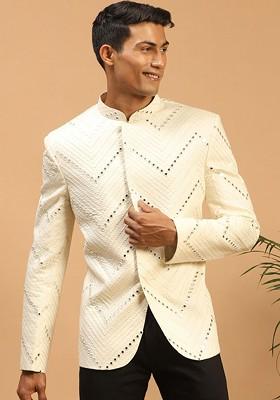 Cream Embroidered Poly Blend Blazers For Men