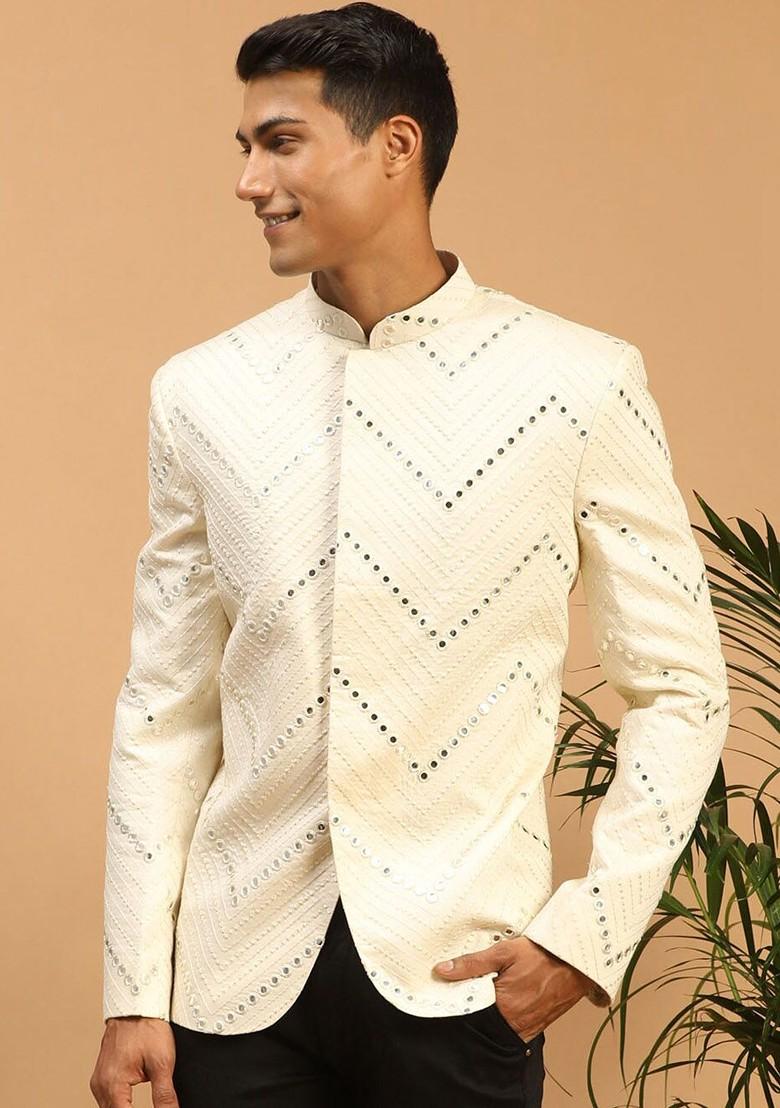 Cream Embroidered Poly Blend Blazers For Men