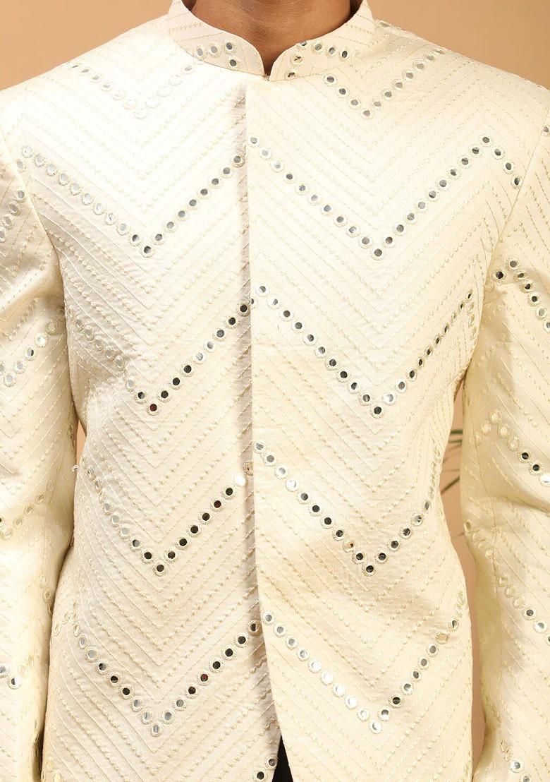 Cream Embroidered Poly Blend Blazers For Men