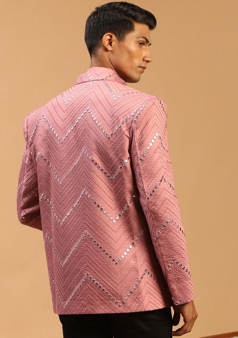 Pink Embroidered Poly Blend Blazers For Men