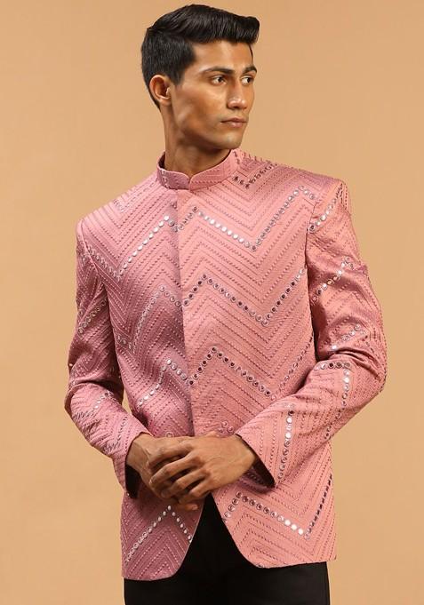 Pink Embroidered Poly Blend Blazers For Men