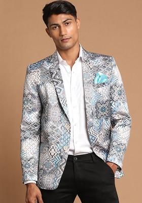Grey Printed Poly Blend Blazers For Men