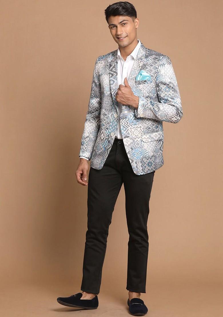 Grey Printed Poly Blend Blazers For Men