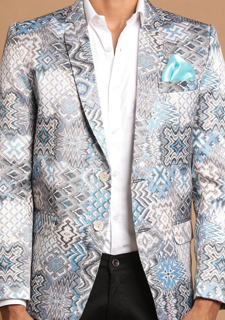 Grey Printed Poly Blend Blazers For Men