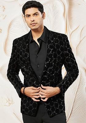 Black Embroidered Poly Blend Blazers For Men