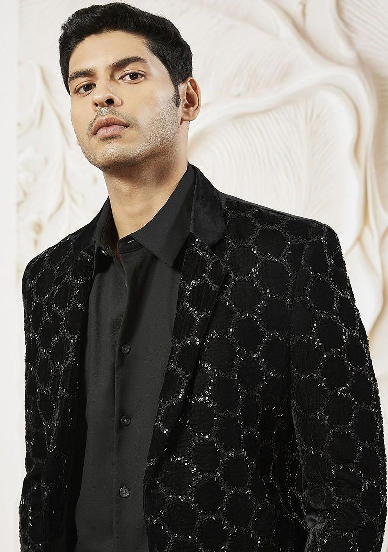 Black Embroidered Poly Blend Blazers For Men