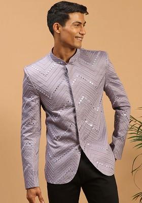 Purple Embellished Poly Blend Blazers For Men
