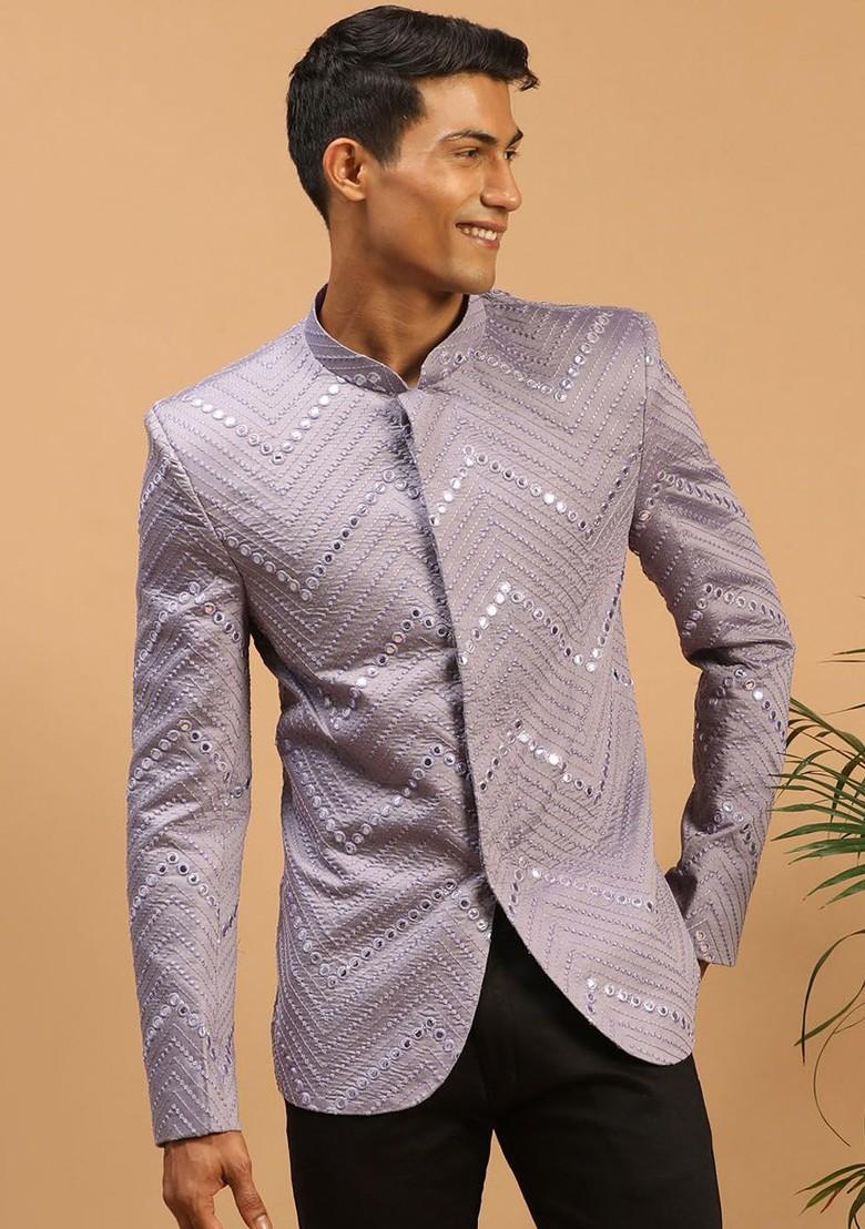 Purple Embellished Poly Blend Blazers For Men
