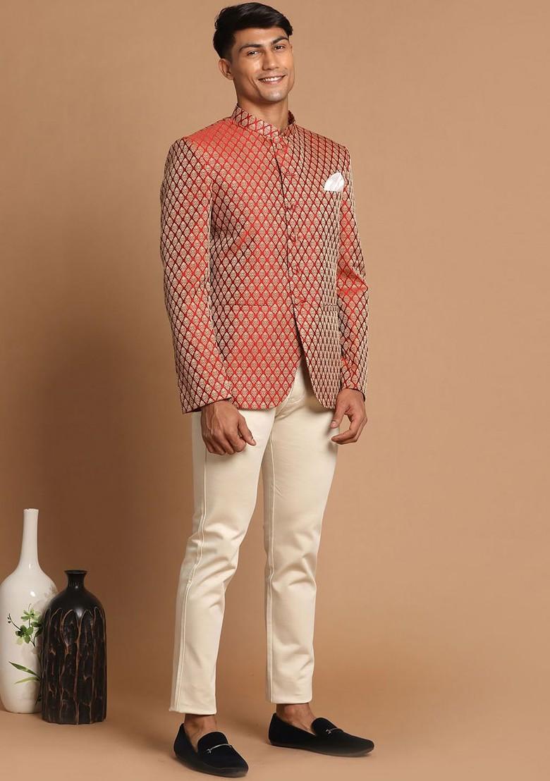 Maroon Solid Poly Blend Blazers For Men