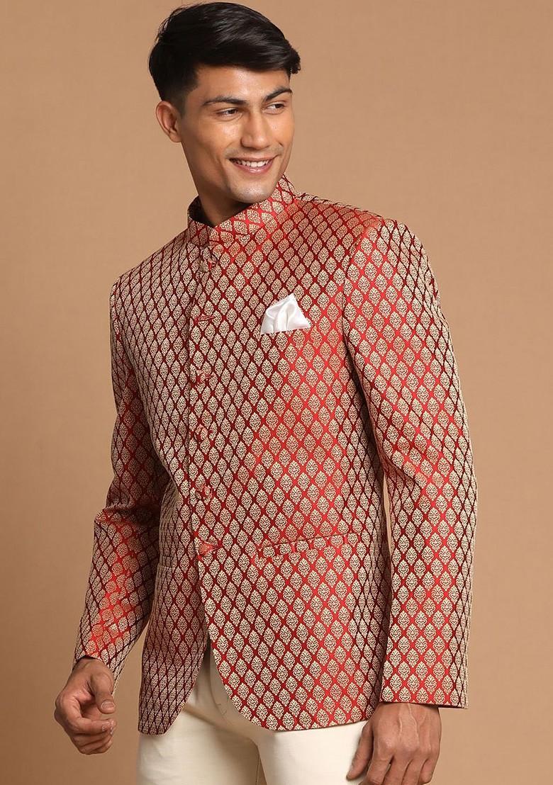 Maroon Solid Poly Blend Blazers For Men