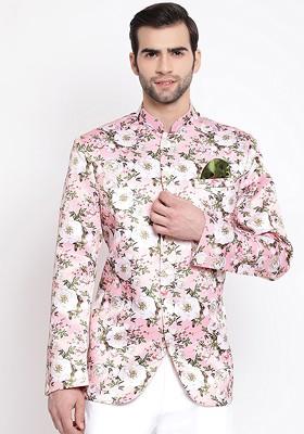 Pink Printed Poly Blend Blazers For Men