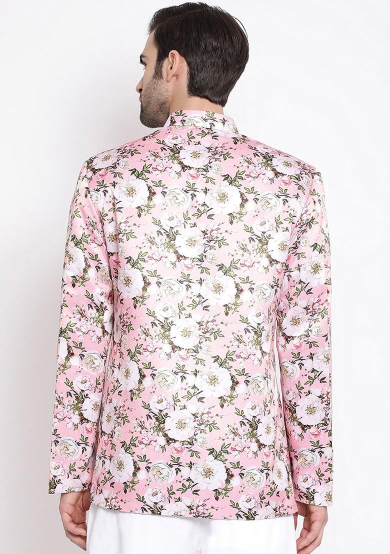 Pink Printed Poly Blend Blazers For Men