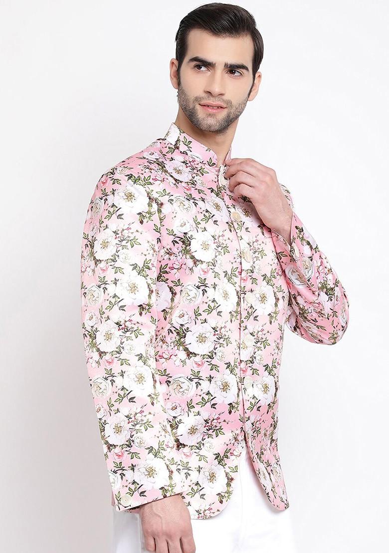 Pink Printed Poly Blend Blazers For Men