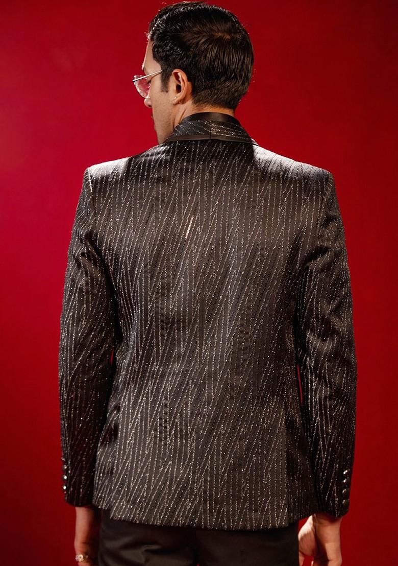 Black Embellished Poly Blend Blazers For Men