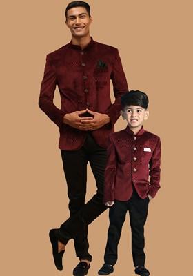 Maroon Printed Poly Blend Blazers For Men