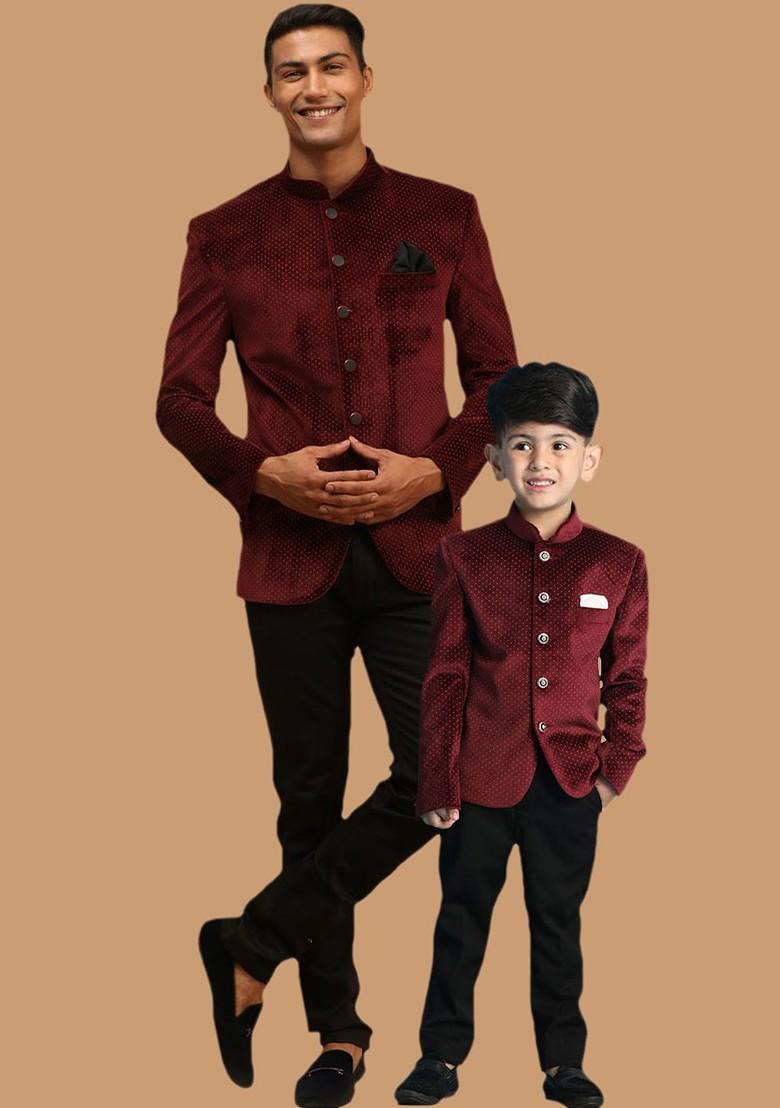 Maroon Printed Poly Blend Blazers For Men