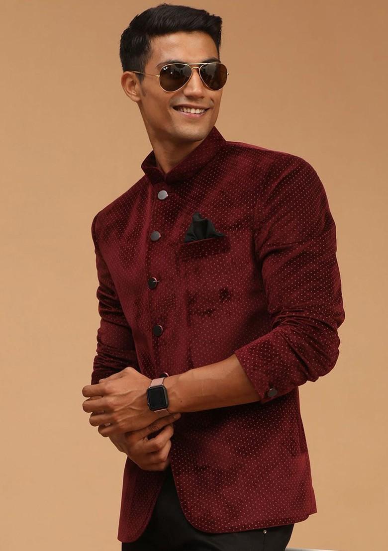 Maroon Printed Poly Blend Blazers For Men