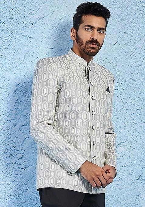 Grey Solid Jacquard Blazers For Men