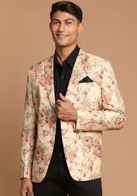 Brown Printed Poly Blend Blazers For Men
