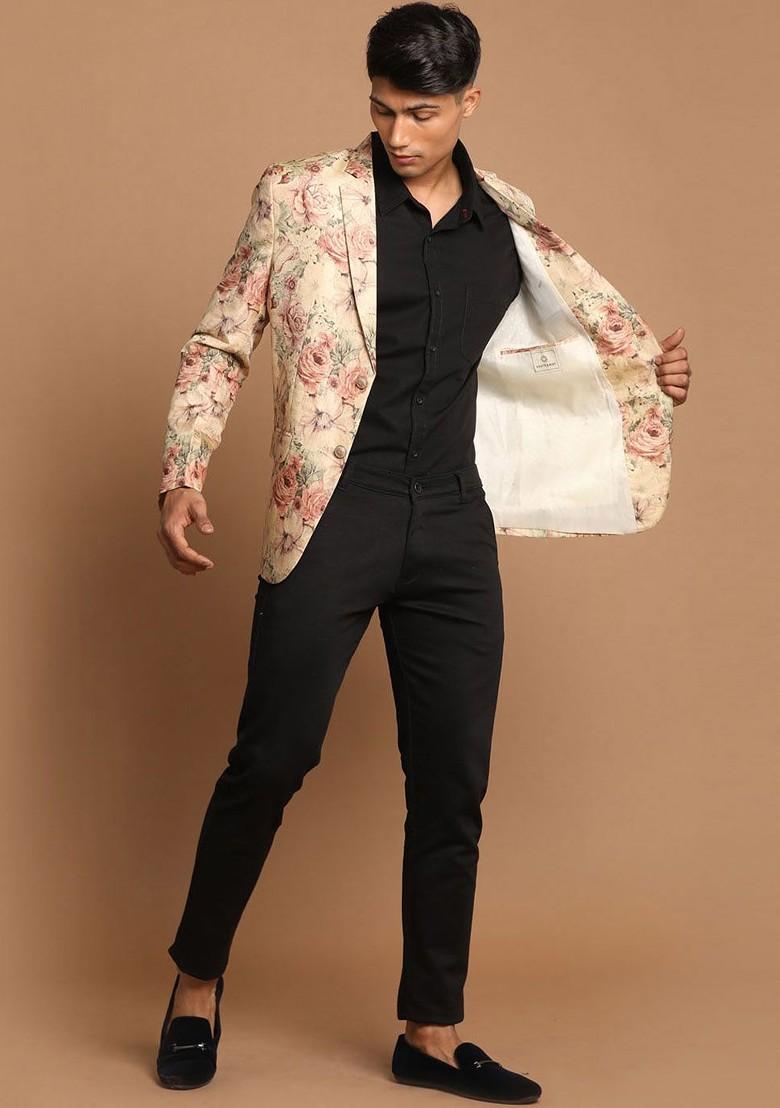 Brown Printed Poly Blend Blazers For Men