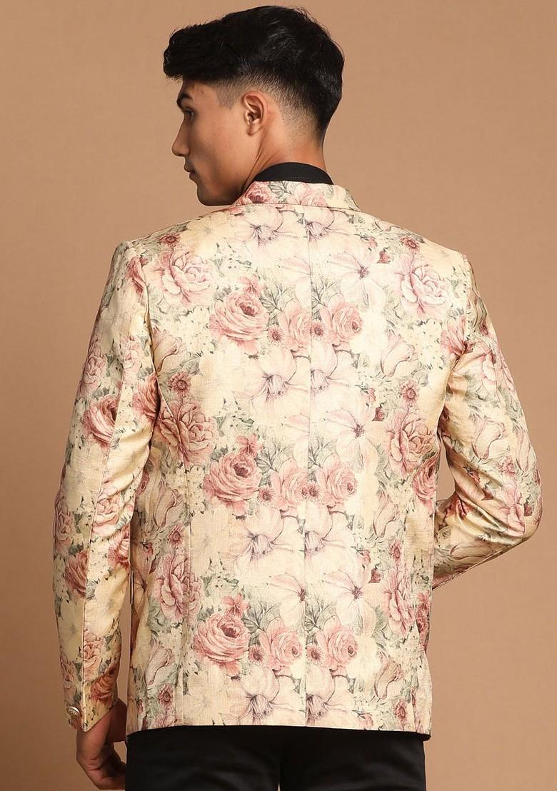 Brown Printed Poly Blend Blazers For Men