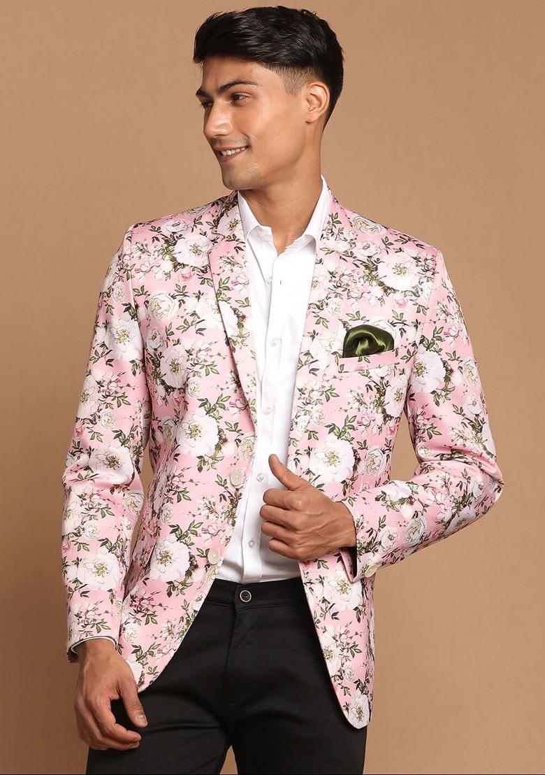 Pink Floral Print Poly Blend Blazers For Men