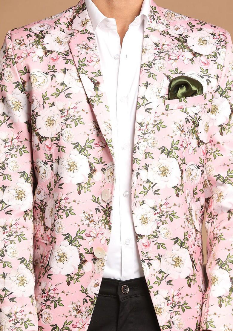 Pink Floral Print Poly Blend Blazers For Men