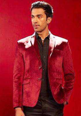 Maroon Solid Poly Blend Blazers For Men