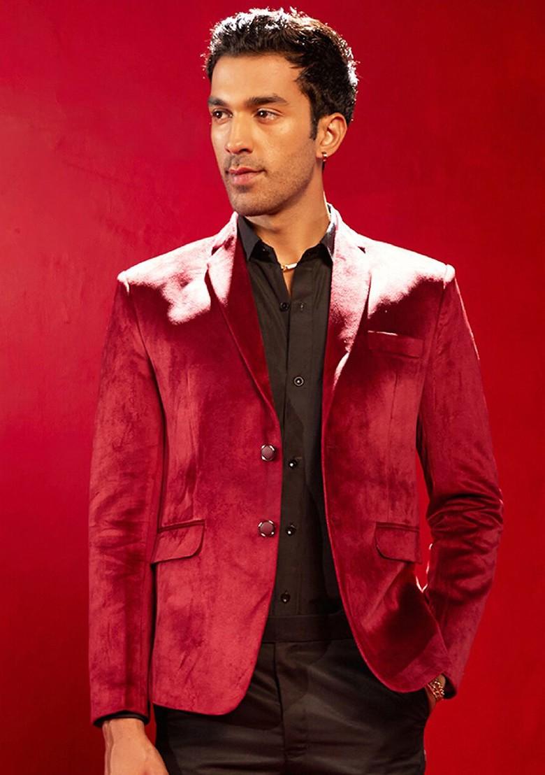 Maroon Solid Poly Blend Blazers For Men