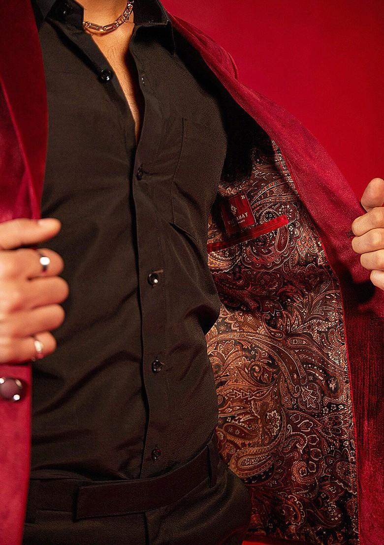 Maroon Solid Poly Blend Blazers For Men