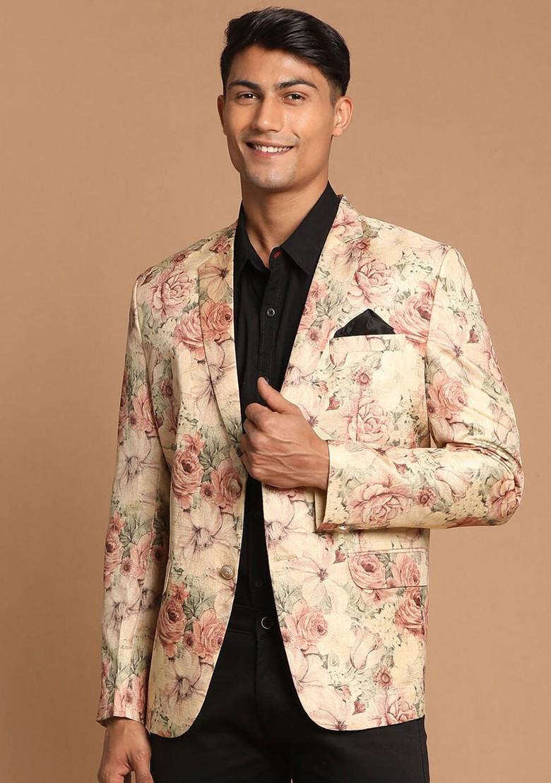 Brown Printed Poly Blend Blazers For Men