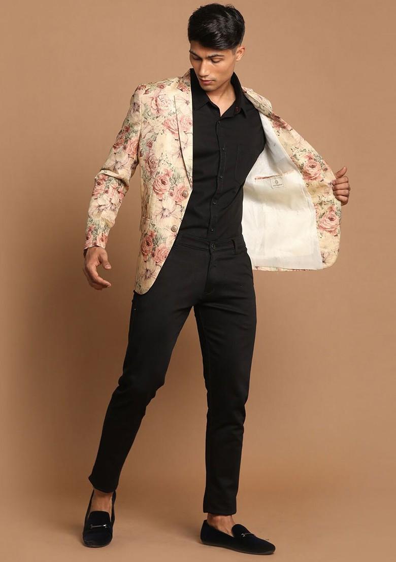 Brown Printed Poly Blend Blazers For Men