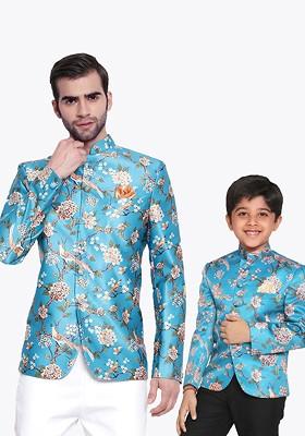 Turquoise Blue Floral Print Poly Blend Blazers For Men
