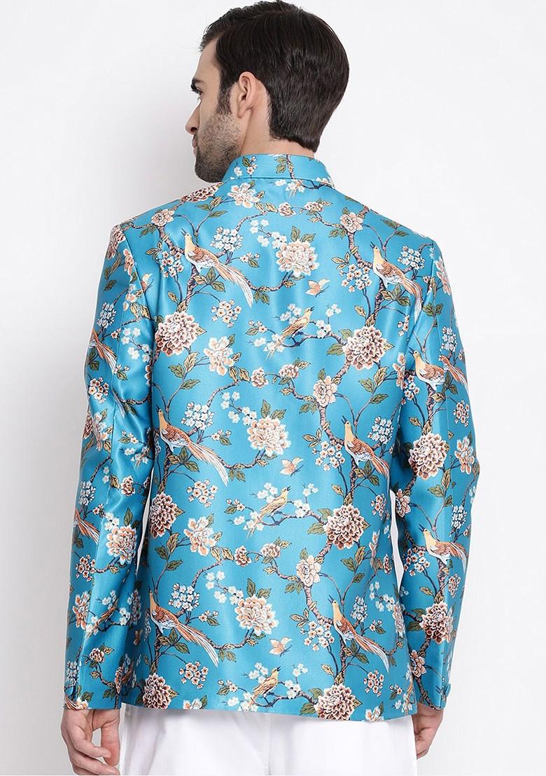 Turquoise Blue Floral Print Poly Blend Blazers For Men