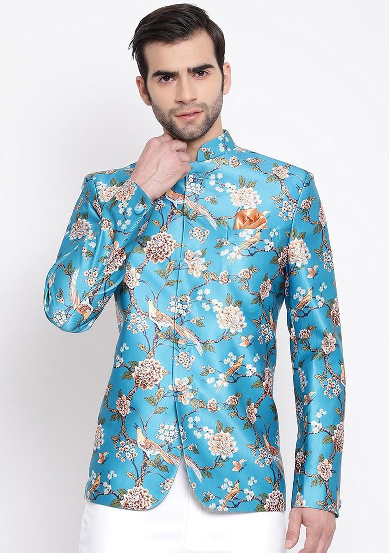 Turquoise Blue Floral Print Poly Blend Blazers For Men
