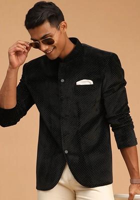 Black Solid Poly Blend Blazers For Men