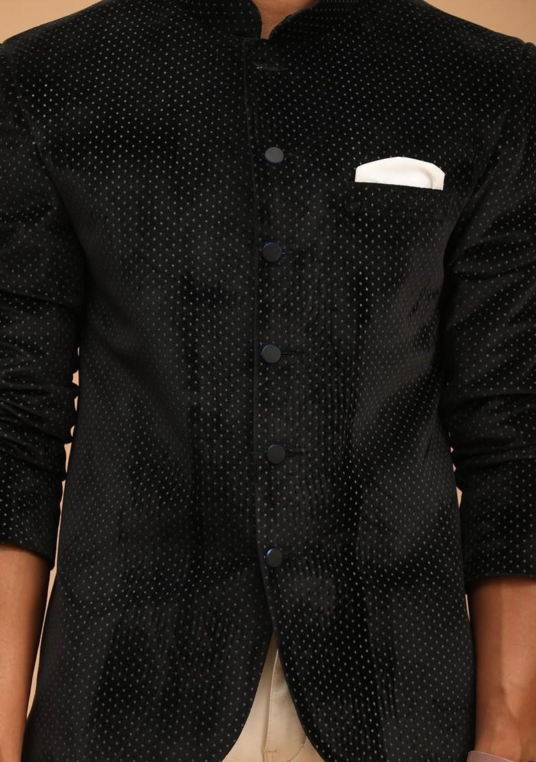 Black Solid Poly Blend Blazers For Men