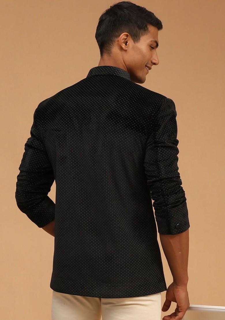 Black Solid Poly Blend Blazers For Men