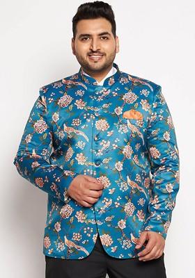 Turquoise Blue Floral Print Poly Blend Blazers For Men