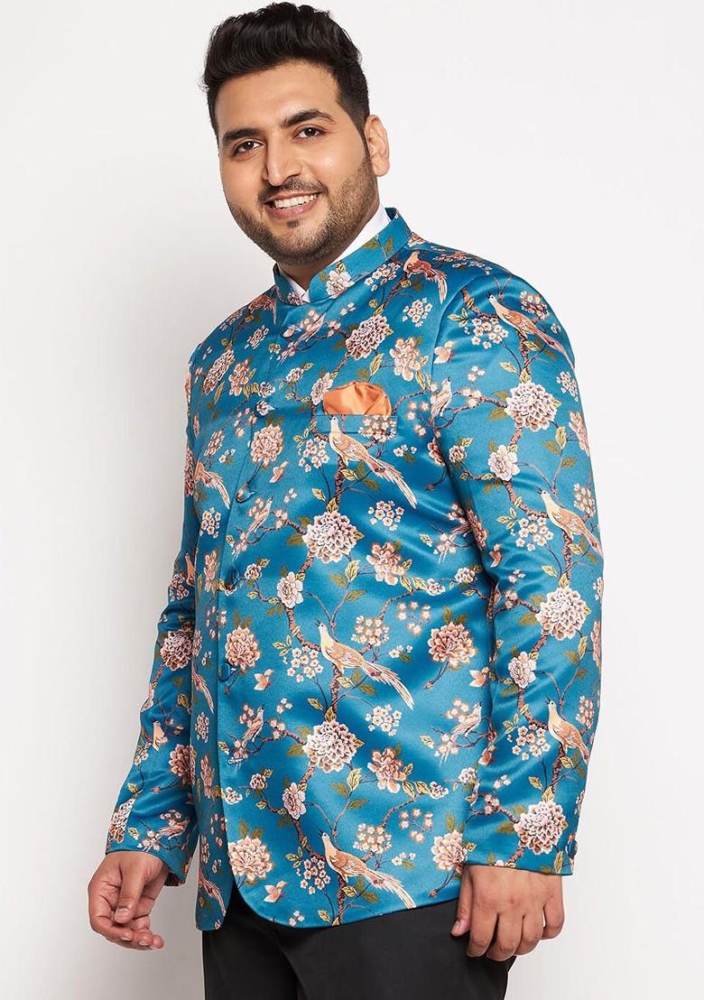 Turquoise Blue Floral Print Poly Blend Blazers For Men