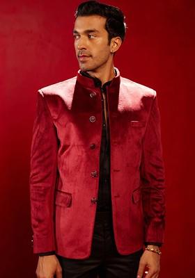 Maroon Solid Poly Blend Blazers For Men